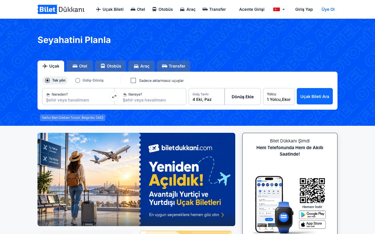 Travel search interface on Bilet Dükkanı’s public website