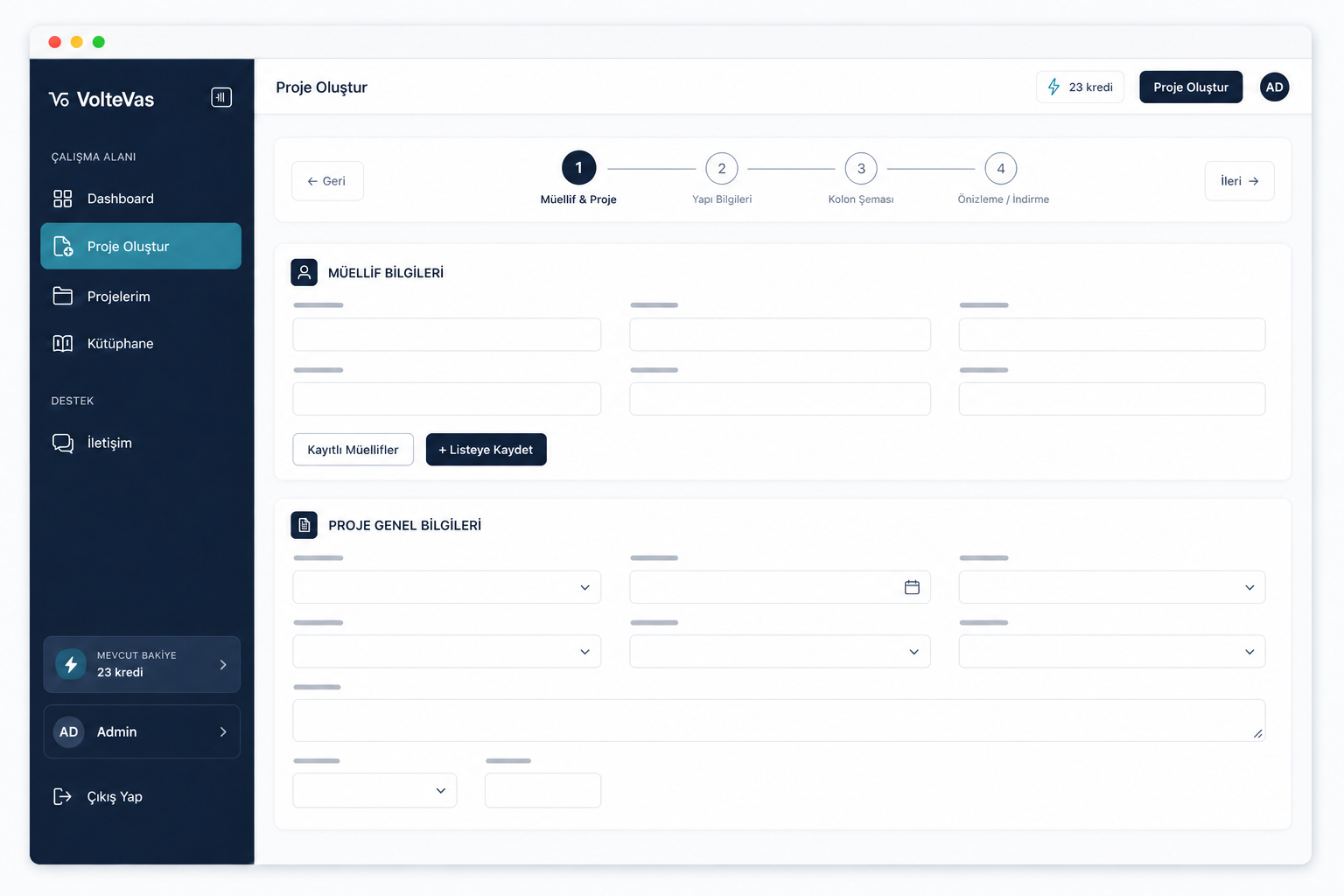 Project creation interface presentation asset used in the VolteVas project